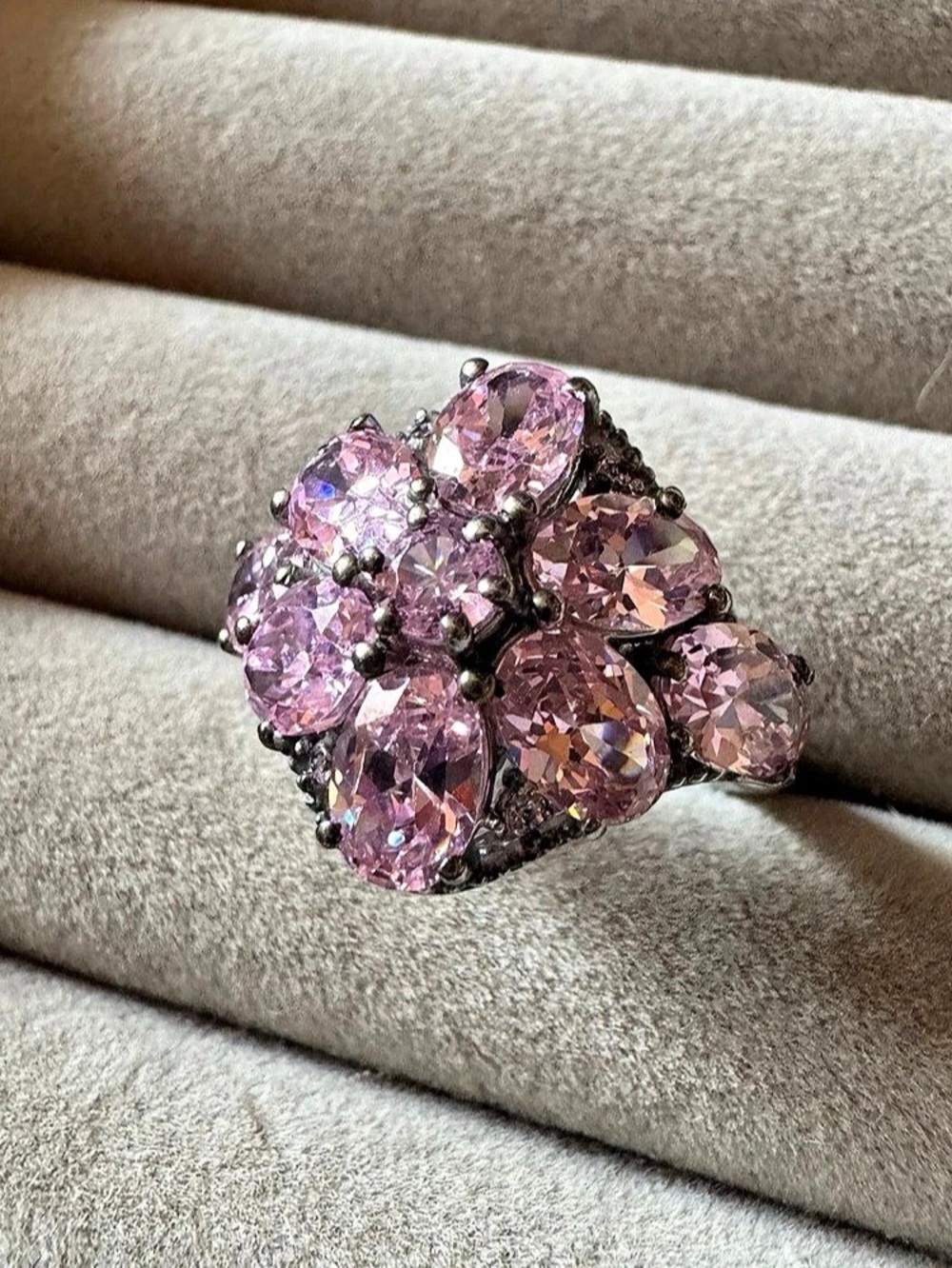 STS Karis Sterling Silver Huge Pink Oval Cluster Statement Ring Size 8